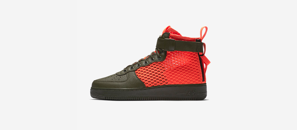 AA7345 300 Nike SF Air Force 1 Mid Cargo Khaki Total Crimson